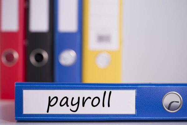 A close-up of a blue binder labeled "payroll" in the foreground. Behind it are three other binders in red, black, and yellow, slightly out of focus. They are standing upright on a white shelf against a light gray background.