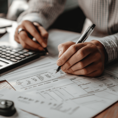 A person is seated at a desk using a calculator and holding a pen, working on financial documents. The focus is on their hands and the papers, which include printed numbers and tables. The scene suggests budgeting or accounting tasks.