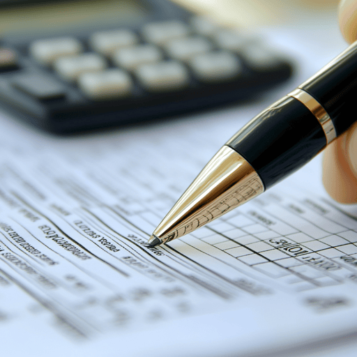 A close-up of a hand holding a pen over financial documents with a calculator in the background. The focus is on the pen tip pointing at a table of numbers.