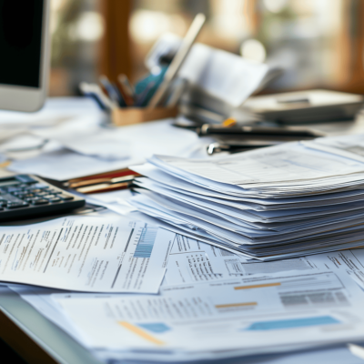 A cluttered desk with a large stack of documents, scattered papers, a calculator, a computer monitor, and pens in a holder. The scene suggests a busy office environment with financial or analytical work in progress.