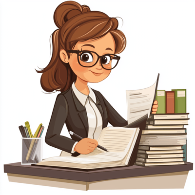 Illustration of a woman with glasses and brown hair, wearing a suit, sitting at a desk. She is surrounded by stacks of books and papers, holding a sheet and writing in a notebook with a pen. A cup with pens is also on the desk.