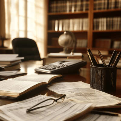 A wooden desk in a library with open books, scattered papers, glasses, and a pen holder. A globe and bookshelves filled with books are in the background, bathed in warm, soft light.