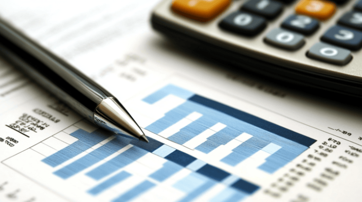 Close-up of a financial report with a blue bar chart. A silver pen rests diagonally on the document, and a calculator is partially visible in the upper right corner. The scene suggests financial analysis or accounting work.