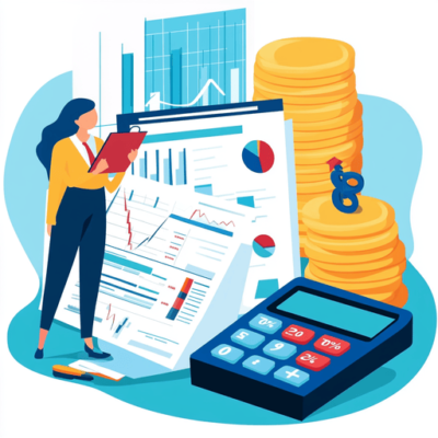 Illustration of a woman holding a clipboard, analyzing financial charts and graphs. A large calculator and stacks of coins are nearby, with upward-trending graphs in the background, symbolizing financial growth and analysis.