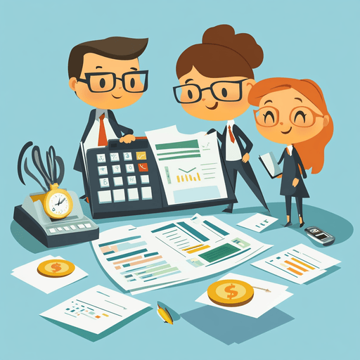 Illustration of three cartoon business people analyzing charts and graphs on a screen and papers. They are standing around an old-fashioned calculator and a clock, with coins and documents scattered on the floor.