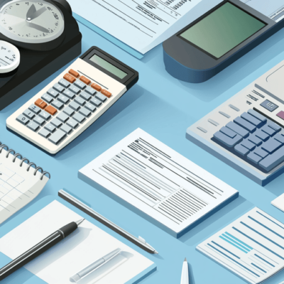 A neatly organized desk displays financial documents, calculators, a pen, a pencil, a ruler, and notepads, along with an analog clock. The scene suggests a focus on accounting or financial planning tasks.