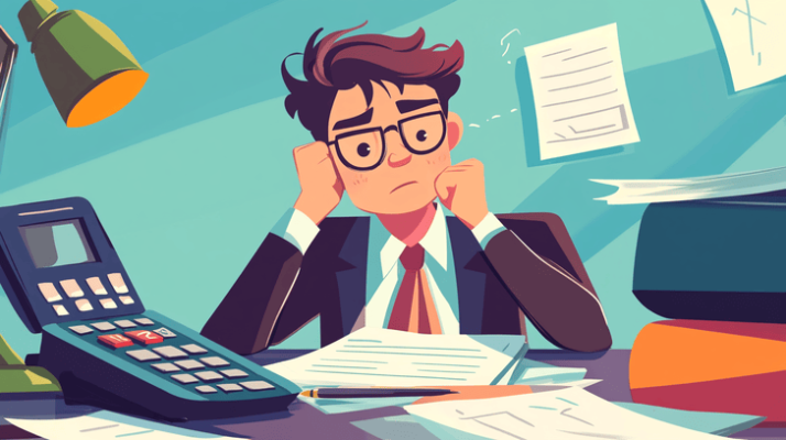 A cartoon man in a suit looks stressed at a cluttered desk, surrounded by papers, a calculator, and a lamp. He holds his head with both hands, appearing overwhelmed by the work in front of him.