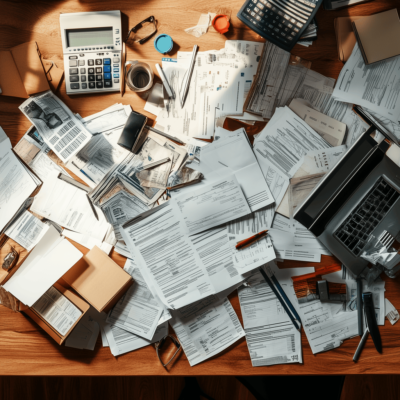 A cluttered wooden desk covered with scattered paperwork, envelopes, receipts, and financial documents. Various office supplies, a laptop, a calculator, glasses, and a coffee cup are also visible, creating a busy and chaotic work environment.
