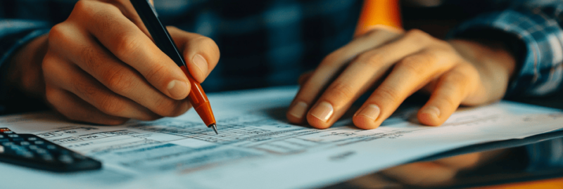 A person is writing on a piece of paper with a pen. The hand is close-up, with a calculator visible nearby. The background is blurred, and the person appears to be working on a form or document.