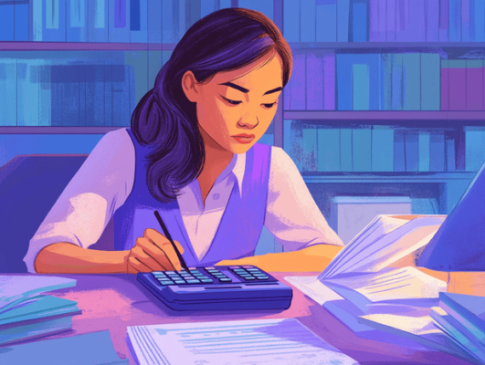 Illustration of a woman with long hair, wearing a purple vest, focused on using a calculator at a desk cluttered with papers and open books. Shelves filled with books are in the background, under soft purple and blue lighting.