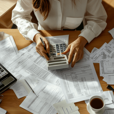 Person sitting at a desk with financial documents, using a calculator. Coffee cup and additional papers are visible. Hands are focused on calculations and writing. The atmosphere suggests a busy work environment.