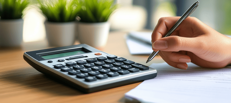 A hand holding a pen hovers over paperwork next to a calculator on a wooden desk. In the background, blurred green plants are visible.