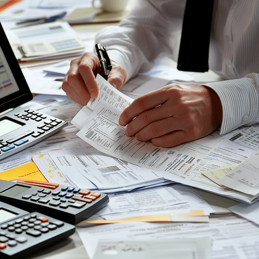A person in a white shirt reviews a document at a cluttered desk filled with paperwork, calculators, and office supplies, suggesting a busy work environment focused on finance or accounting tasks.