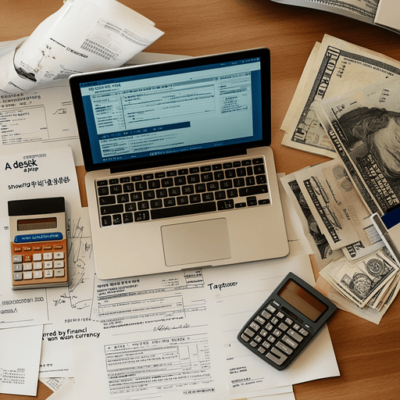 A cluttered desk with a laptop displaying financial software, various documents, receipts, a calculator, pens, and multiple international currencies including U.S. dollar bills and coins spread across the surface.