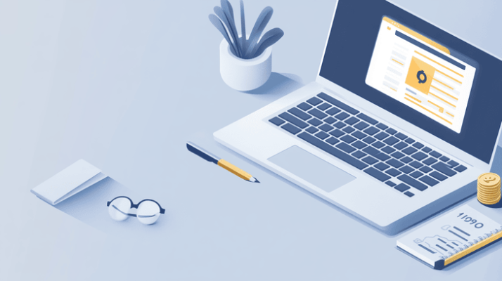 A laptop displaying a website or application is on a desk with a potted plant, a pair of glasses, a notepad, a pen, a stack of coins, and a document with graphs and the number 1190. The setting suggests a workspace or office environment.