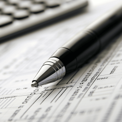 Close-up of a black pen resting on a financial graph and numerical data sheet, with a blurred keyboard in the background. The scene suggests analyzing or preparing financial documents.