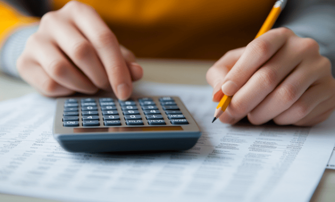 Close-up of hands using a calculator and writing on paperwork. One hand holds a pencil, poised to make notes or calculations on a printed spreadsheet. The scene suggests financial planning or budgeting.