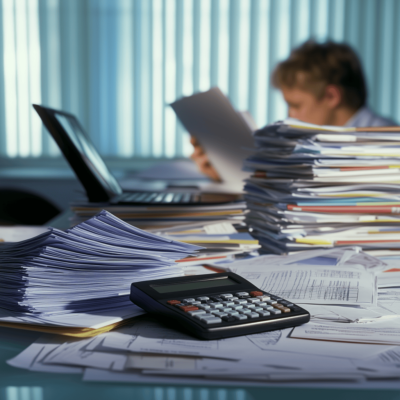 A cluttered office desk with stacks of papers, a calculator, and a laptop. In the background, a person is focused on reading documents. Blue blinds create a softly filtered light, emphasizing a busy workspace atmosphere.