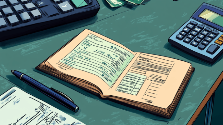 An open accounting ledger with handwritten numbers and calculations on a green desk. Nearby are a pen, a calculator, and part of a large keyboard, suggesting financial work or bookkeeping activities.