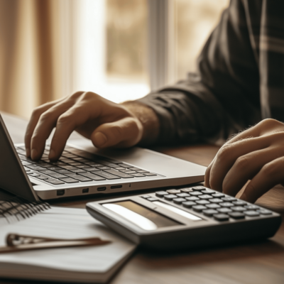 Person using a laptop with a notebook and calculator on a wooden desk. Sunlight softly lights the workspace, creating a warm, focused environment for work or study.