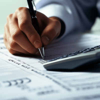 Close-up of a person holding a pen and writing on financial documents, with a calculator nearby. The scene suggests focus and calculation, with the person wearing a white shirt.