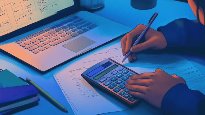 Person using a calculator and writing on paper at a desk with a laptop. The scene is bathed in blue light, highlighting tools like a pencil and notebooks. The laptop screen displays tables, suggesting task planning or data analysis.
