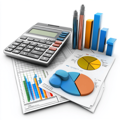 A calculator rests on various financial documents displaying colorful graphs and pie charts. Nearby, three pens and 3D bar graph models in blue and orange stand upright, representing financial analysis and data management concepts.