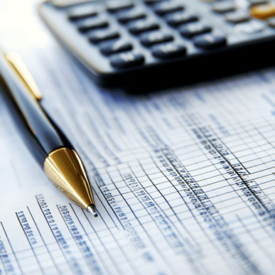 A close-up image of financial paperwork with numbers and graphs. A black and gold pen rests on top of the documents. A calculator is partly visible in the background.