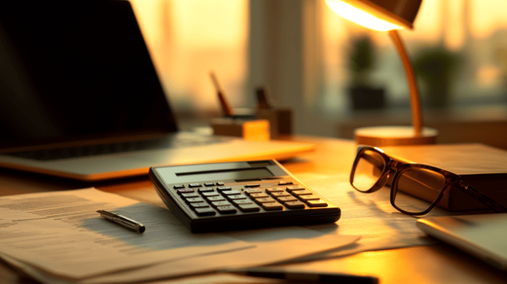 A dimly lit workspace with a calculator placed on documents, glasses resting on a closed book, and a pen nearby. A laptop sits in the background, and a table lamp casts a warm glow, creating a cozy atmosphere.