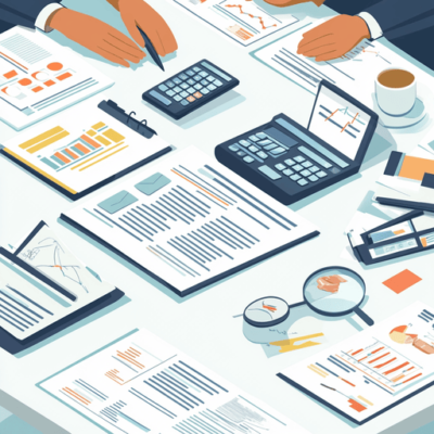 A top view of a desk scattered with financial documents, charts, and graphs. Two people are using calculators. There's a cup of coffee, pencils, a magnifying glass, and a tablet with a graph displayed. The setting suggests a financial analysis scenario.