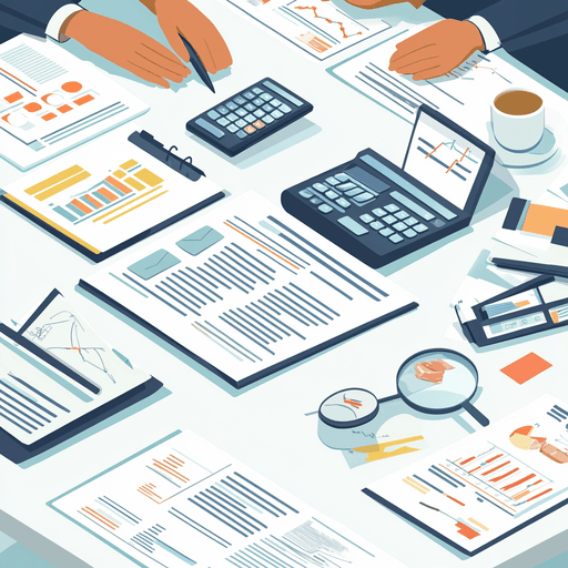 A top view of a desk scattered with financial documents, charts, and graphs. Two people are using calculators. There's a cup of coffee, pencils, a magnifying glass, and a tablet with a graph displayed. The setting suggests a financial analysis scenario.