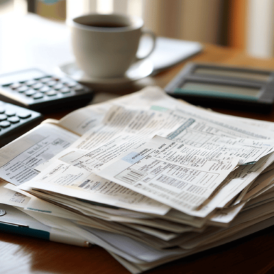 A stack of papers and documents on a wooden table, surrounded by two calculators, a pen, and a cup of coffee in the background. The setting suggests a work or study environment.