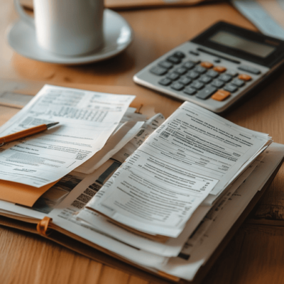 A wooden table with scattered documents, a cup of coffee, a pen, and a calculator. The papers include receipts and forms, suggesting financial or accounting work. The scene conveys a busy, organized workspace.