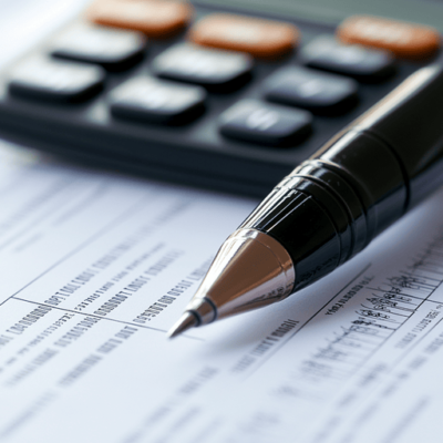 Close-up of a ballpoint pen resting on financial documents, with a calculator in the background. The focus is on the pen tip, suggesting work related to calculations or financial planning.