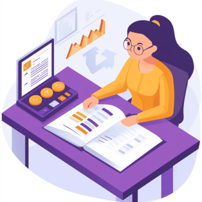 Illustration of a woman with glasses, reading a financial report at a purple desk. A laptop displays charts, and a tablet with cryptocurrency symbols is nearby. Graphs are pinned on the wall, suggesting data analysis and technology themes.