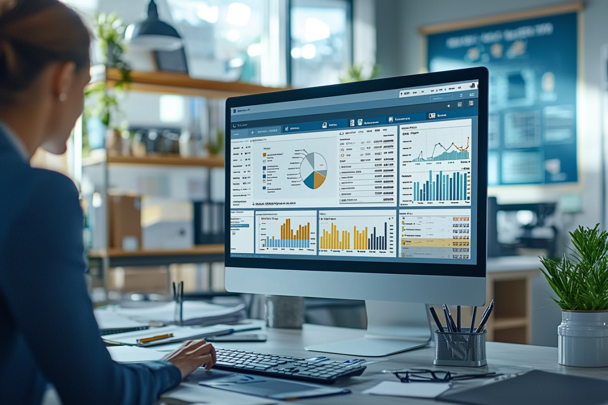 A person in an office, viewed from behind, looks at an iMac displaying various data dashboards, including charts and graphs. The room is well-lit with shelves and plants in the background.