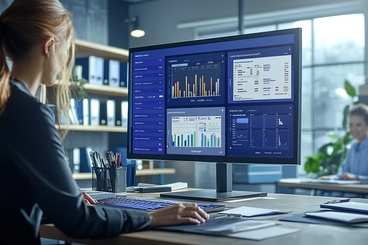 A woman is sitting at a desk in a modern office, analyzing data on a large computer monitor. The screen displays various graphs and charts. The background includes shelves, a window, and a colleague seated at a distance.