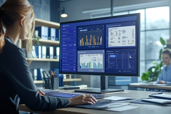 A woman is sitting at a desk in a modern office, analyzing data on a large computer monitor. The screen displays various graphs and charts. The background includes shelves, a window, and a colleague seated at a distance.