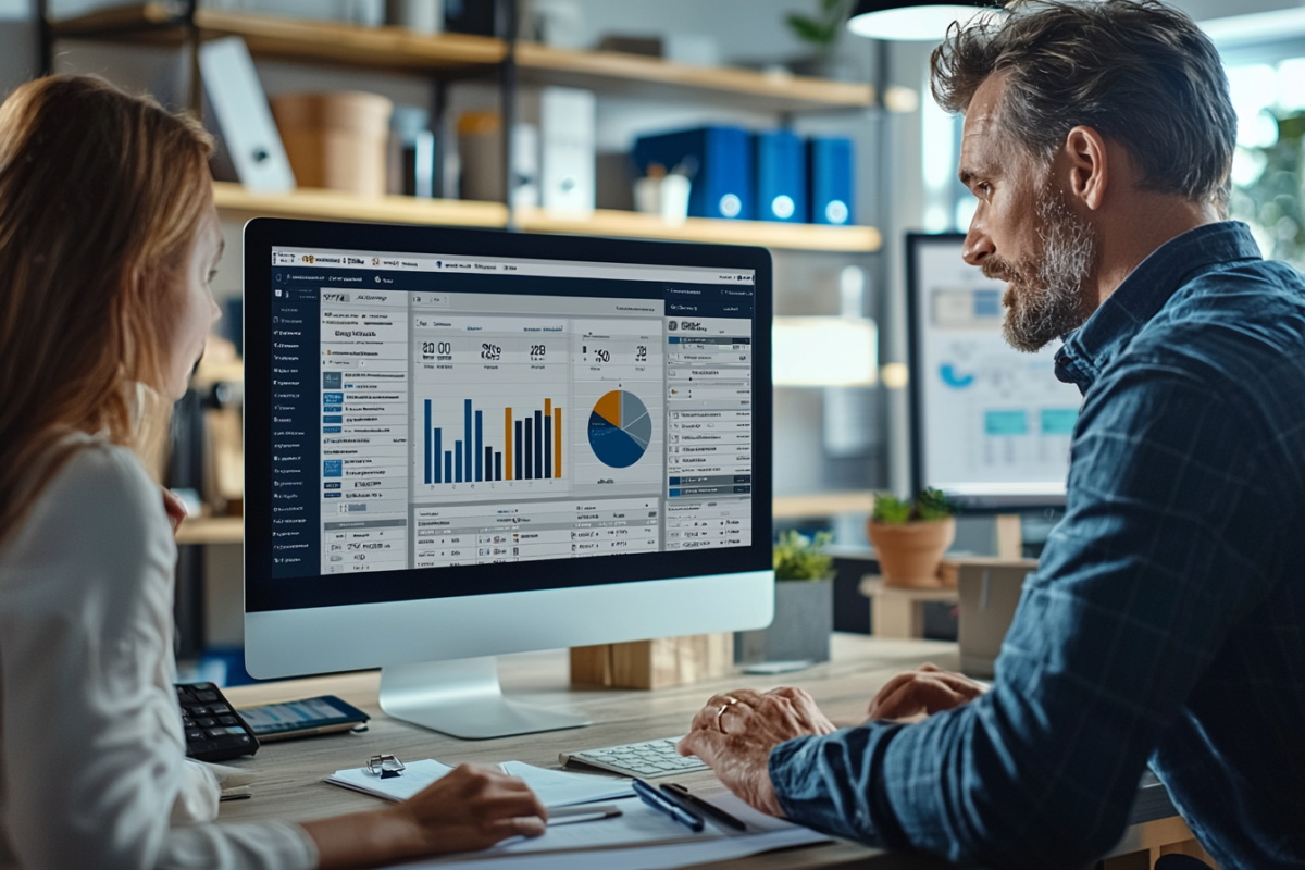 A man and a woman sit at a desk, focused on a large computer monitor displaying graphs and data charts in an office setting. Papers and writing materials are on the desk, and shelves with books are in the background.