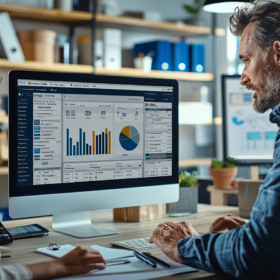 A man and a woman sit at a desk, focused on a large computer monitor displaying graphs and data charts in an office setting. Papers and writing materials are on the desk, and shelves with books are in the background.
