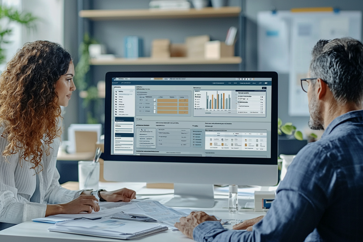 A woman and a man are working at a desk with a large computer monitor displaying data charts and graphs. The office setting is modern, with shelves and plants in the background. Both are focused on the screen.