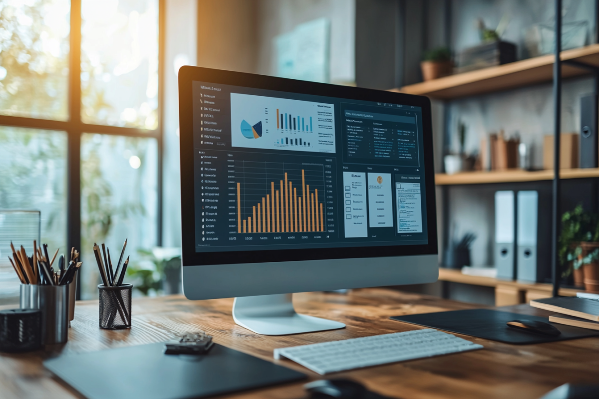 A computer screen displaying various colorful graphs and charts is on a wooden desk. The workspace includes a keyboard, mouse, and office supplies, with soft natural light streaming through a window in the background.