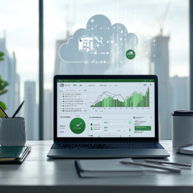 A laptop displaying financial graphs and data sits on a desk with notebooks, a pen, and a coffee mug. In the background, a large window reveals a cityscape. A digital cloud icon hovers above, symbolizing cloud computing or storage.