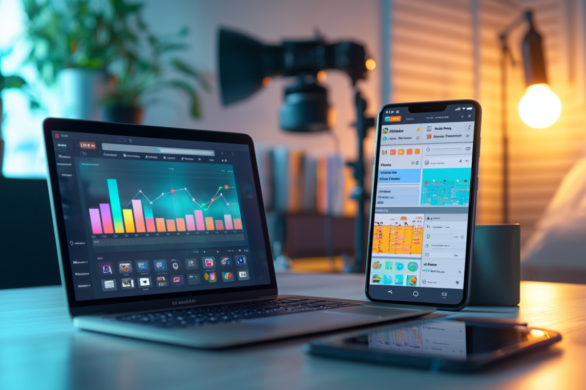 A laptop displaying colorful bar and line graphs alongside a smartphone showing various app interfaces. They are placed on a wooden desk with blurred studio lighting, a camera, and plants in the background.