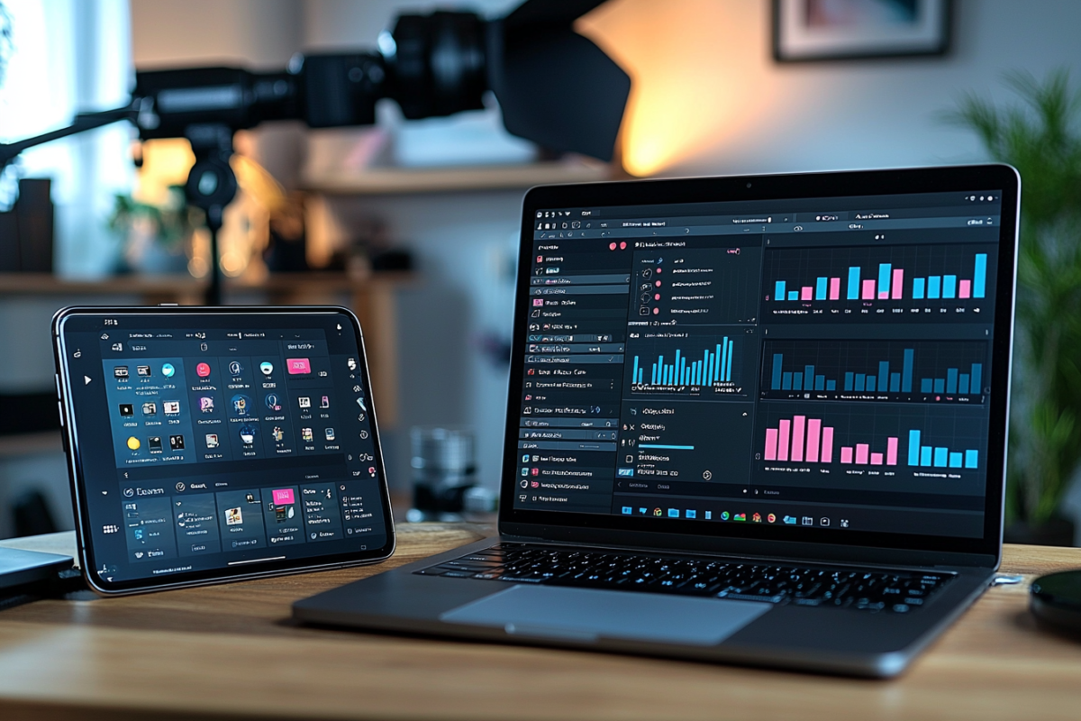 A laptop and a tablet displaying data analytics dashboards sit on a wooden desk. The screens show various charts and graphs. In the blurred background, there's a camera on a tripod, and the room is softly lit.