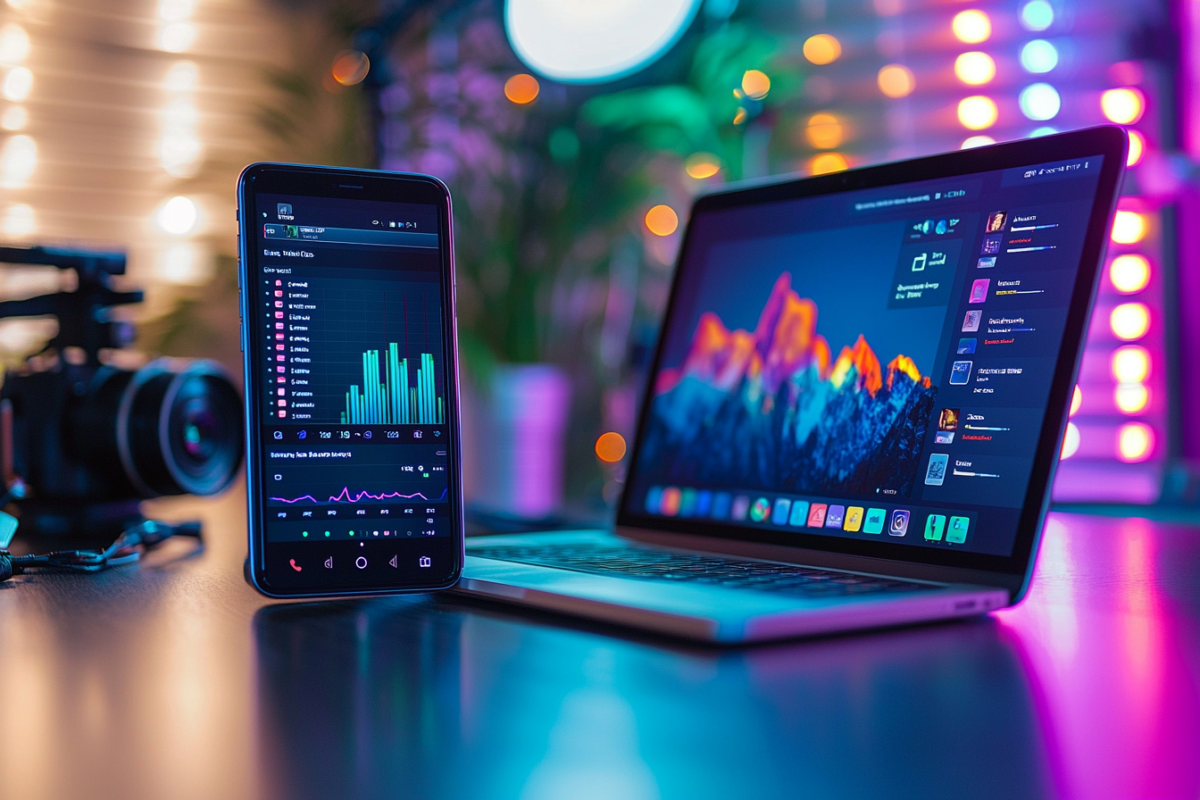 A smartphone displaying a graph is placed next to a laptop with a colorful screen. Both are on a table, surrounded by vibrant, blurred lights and a camera in the background. The setting is modern and tech-focused.