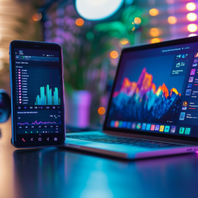 A smartphone displaying a graph is placed next to a laptop with a colorful screen. Both are on a table, surrounded by vibrant, blurred lights and a camera in the background. The setting is modern and tech-focused.