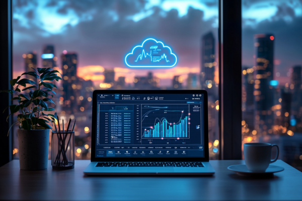 A dimly lit office with a view of a city skyline at dusk. A laptop on a wooden desk displays charts and graphs, illuminated by a neon cloud icon above it. A potted plant and a cup sit on the desk, adding a cozy touch.
