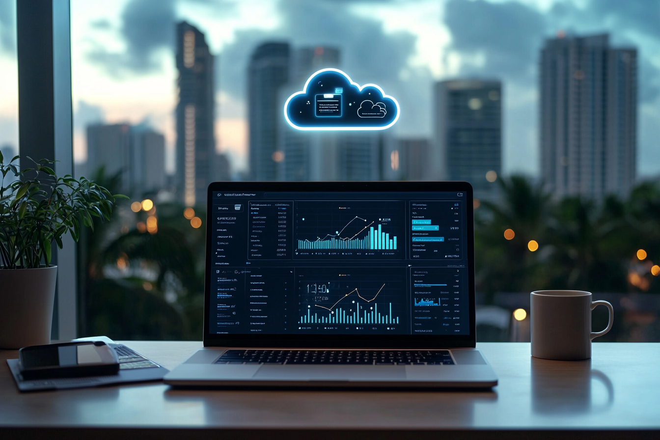 A laptop displays data analytics software with graphs and charts, set on a desk with a mug and notebook. In the background, a city skyline is visible through a window. A glowing cloud icon hovers above, symbolizing cloud computing.