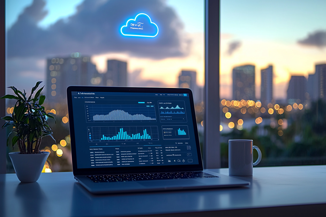 A laptop displaying data analytics sits on a desk with a small potted plant and a coffee mug. A large window reveals a city skyline at dusk, with glowing lights and a digital blue cloud icon in the sky.